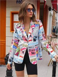 Women's Suits Mixed Colour Casual Blazer For Women Long Sleeve Spaper Print Stylish Jacket Single Button Notched Ladies Loose