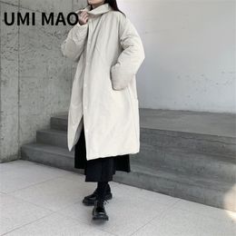 Womens Jackets UMI MAO Yamamoto Dark Designer Japanese Niche Design Loose Stand Collar Warm Long Cotton Coat Midlength Thick Jacket Women 220930