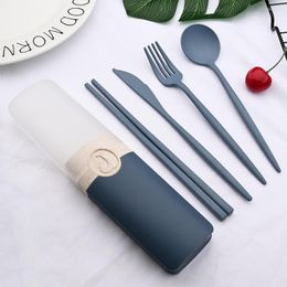 Dinnerware Sets 5Pcs/Set Travel Flatware Cutlery Portable Box Japan Style Wheat Straw Knife Fork Spoon Student Set Kitchen Tableware