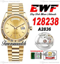 EWF DayDate 36mm 128238 A2836 Automatic Mens Watch Eta Yellow Gold Champagne Stick Dial OysterSteel Bracelet Same Serial Card Super Edition Timezonewatch H8