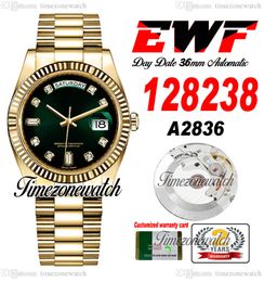 EWF DayDate 36mm 128238 A2836 Automatic Mens Watch Yellow Gold Green Dial Diamonds Markers OysterSteel Bracelet Same Serial Card Super Edition Timezonewatch E5