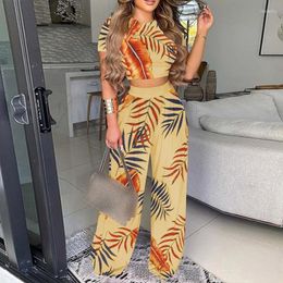 Women's Two Piece Pants Women Set Print O Neck Short Sleeve Shirt Pullover Wide Leg Suit Spring Summer