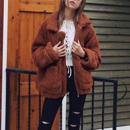 Womens Fur Faux Fur Elegant Bear Teddy Faux Fur Coat Women Autumn Winter Thick Warm Soft Fleece Jacket Female Pocket Zipper Coat veste femme 220930