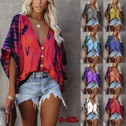 Women's Blouses Oversize Loose Half Sleeve Printing Casual Women Shirts Summer Single Breasted Batwing Chiffon Fashion Tops