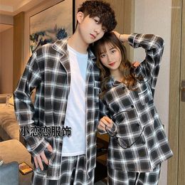 Men's Sleepwear Pure Cotton Men Women Pajamas Set Plaid Couples Lovers Loose Shirts Pants Male Nightwear Plus Size Lounge Wear