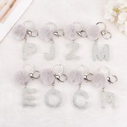 Keychains 1PC Keyring Silver Color English Letter Keychain With Puffer Ball 26 Word Glitter Resin A TO Q Handbag Charms For Woman