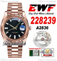 EWF DayDate 40 228235 A2836 Automatic Mens Watch 18K Rose Gold Fluted Bezel Black Baguette Diamond Dial President Bracelet Same Serial Card Super Timezonewatch A1