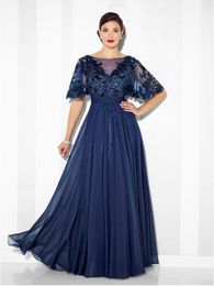 Mother Of The Bride Dresses Half sleeves A Line Floor Length Mousse Line New In Boat Neck Wedding Evening Dress