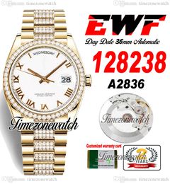 EWF DayDate 36mm 128235 A2836 Automatic Mens Watch Yellow Gold White Roman Dial Diamond OysterSteel Bracelet Same Serial Card Super Edition Timezonewatch h8
