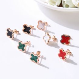 Leaf Flower Studs Women 18K Rose Gold Plated Earrings Fashion Design Titanium Steel Shell Jewellery Gift Black Green White Red Leaves Ear Charms Never Fade Not Allergic