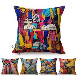 Pillow Nordic Rural Colourful Oil Painting Art Decorative Sofa Case Village Building Landscape Harmony Decoration Cover