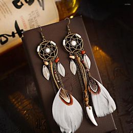 Dangle Earrings 2022 Thai Bohemian Style Fashion Long Copper Color Angel Net Round Alloy Pendant Chain White Feather Tassel