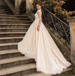 Sheer Crew Neck ball gown Wedding Dresses Sexy See Through Button Back Long Sleeves Appliques New Vintage luxury Lace Vestios De Novia Bridal Gown