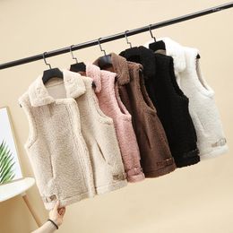 Women's Vests Women's Spring Autumn Solid Casual Woman Vest Jacket Sleeveless Lambswool Ladies Waistcoat Warm Turn Down Collar Zipper