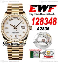 EWF 36 DayDate 128348 A2836 Automatic Mens Watch Yellow Gold Diamonds Bezel MOP Diamond Dial OysterSteel Bracelet Same Serial Card Super Edition Timezonewatch C3