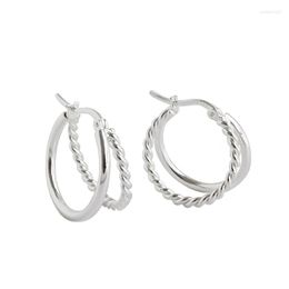 Hoop Earrings Authentic 925 Sterling Silver Double Rows Twisted &Polished Layered Geometric Huggie JEWELRY TLE871