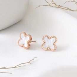 Titanium Steel Leaf Studs Earrings Women Design 18K Rose Gold Plated Fashion Shell Flower Jewellery Gift Black Green White Red Four Leaves Charm Never Fade Not Allergic