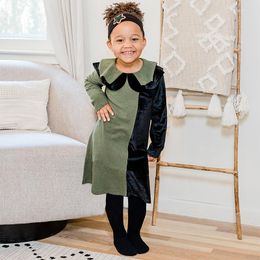 Girl Dresses Dress Velour Colorblock Ribbed Long Sleeve Kids Clothes Children Clothing Double Layers Neck Green/black