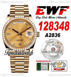 EWF DayDate 128348 A2836 Automatic Mens Watch Yellow Gold Diamonds Bezel Champagne Diamond Dial OysterSteel Bracelet Same Serial Card Super Edition Timezonewatch