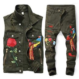 Men's Tracksuits Men's European Style Army Green Loose Set Hip Hop 2 Pieces Embroidered Phoenix Flower Men Clothes Hole Ripped Denim