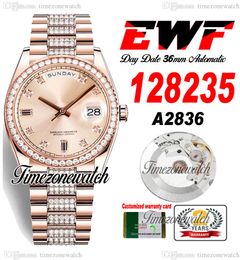 EWF DayDate 36mm 128235 A2836 Automatic Mens Watch Rose Gold Champagne Diamonds Dial Diamond OysterSteel Bracelet Same Serial Card Super Edition Timezonewatch F6
