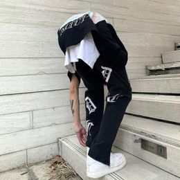 Men's Jeans Letter Embroidered Men's Streetwear Loose Straight Side Zipper Trousers Gothic Retro Pants Black