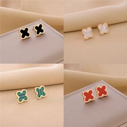 Titanium Steel Leaf Studs Earrings Women 18K Rose Gold Plated Fashion Luxury Shell Flower Jewellery Gifts Black Green White Red Leaves Charm Never Fade Not Allergic