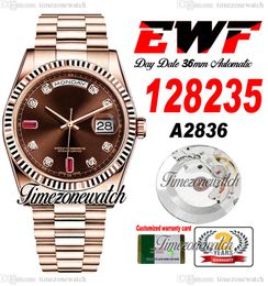 EWF DayDate 36mm 128235 A2836 Automatic Mens Watch Rose Gold Brown Colours Diamond Markers OysterSteel Bracelet Same Serial Card Super Edition Timezonewatch A1