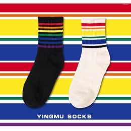 Men's Socks Rainbow Stripes Women Crew Men White Harajuku Style Absorb Sweat Stripe Autumn Winter Cotton Casual