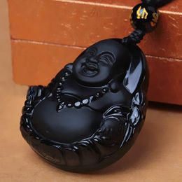 Pendant Necklaces Natural Black Obsidian Buddha Pot-bellied Maitreya Laughing Bead Necklace Men Women's Jades Jewellery