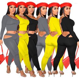 Women's Two Piece Pants Wholesale Clothes Sexy Club Outfits For Women Fall Skinny 2 Sets Womens One Shoulder Crop Top Hollow Out Set