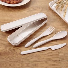 Dinnerware Sets 3pcs/set Travel Cutlery Portable Children Set Reusable Wheat Straw Knife Fork Spoon Japan Style Kitchen Tableware