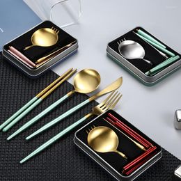 Dinnerware Sets Stainless Steel Folding Cutlery Outdoor Travel Pocket Portable Fork Spoon Chopsticks Set 4 Piece Kitchen Supplies