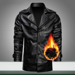 New Winter Men PU Leather Jacket Warm Fleece Motorcycle Overcoat Long Sleeve Male Thick Outerwear Windbreaker Bomber Jacket