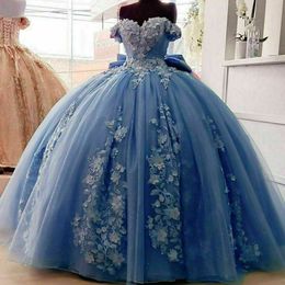 2023 Blue Quinceanera Dresses With 3D Floral Applique Beaded Off The Shoulder Ball Gown Straps Sweet 16 Birthday Party Prom Formal Evening Wear Vestidos 403 403