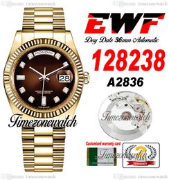 EWF DayDate 36mm 128238 A2836 Automatic Mens Watch Yellow Gold Brown Dial Diamonds Markers OysterSteel Bracelet Same Serial Card Super Edition Timezonewatch a1