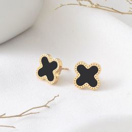 Titanium Steel Leaf Studs for Women 18K Rose Gold Plated Earrings Fashion Luxury Shell Flower Jewellery Black Green White Red Leaves Charm Never Fade Not Allergic