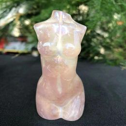 Decorative Figurines 75-78mm Natural Rose Quartz Gold Plated Goddess Statue Crystal Carved Woman Torso Energy Pink Gem Body Sculpture