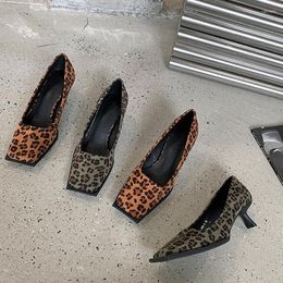 Dress Shoes Women Pumps Female Retro Leopard Print Stiletto Heel 2022 Spring Autumn Square Toe Slip On Ladies Fashion Footwear