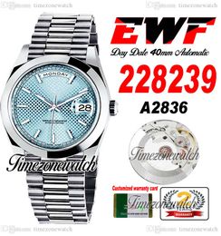 EWF DayDate 228398 A2836 Automatic Mens Watch Polished Bezel ICE Blue Textured Dial Stick Markers President Bracelet Same Serial Card Super Edition Timezonewatch 6