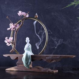 Fragrance Lamps Elegant Lady Backflow Incense Burner Holder Lotus Ceramic Smoke Waterfall Sticks Porcelain Ornaments Home Decor