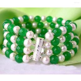 Bangle Handmade 4 Strands Knotted Bracelet Natural 8-9mm White Freshwater Pearl And Green 20cm For Women Jewelry Fashion Gift