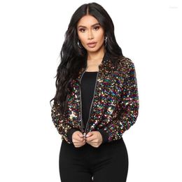 Women's Jackets Women's Girls Bomber Gradient Colour Sequins Baseball Jacket Beaded Embroidered Sequined Zipper Pilot Coat Stage Show