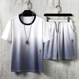Men's Sets Casual Tracksuit Youthful Vitality Summer Tie Dye Tshirt Shorts 2PCS Male Fashion Gradual Change Colour Streetwear