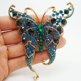 Brooches 3.2" Unique Butterfly Insect Gold Tone Brooch Pin Blue Rhinestone Crystal