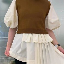 Womens Knits Tees Women Sweater Autumn and Winter Pleated Stitching Dolman Sleeve Shirt Knitted Vest Twopiece Set 220930