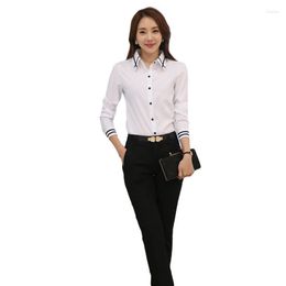 Women's Blouses Women's & Shirts Fashion White Blue Solid Long Sleeve Turn-down Collar Formal Elegant Women Shirt Ladies Tops School