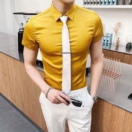 Men's Casual Shirts Summer Camicia Uomo 2022 Enlarged Men's Silk Golden Yellow Bright Slim Short Sleeve Man High Quality Camisetas