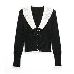 Womens Jackets INSRPLS Women Fashion Front Bow Tie Semisheer Knit Cardigan Sweater Vintage V Neck Long Sleeve Female Outerwear Chic Tops 220930