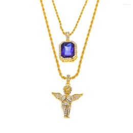 Pendant Necklaces Mens Hip Hop Iced Out Rhinestone Necklace Set Micro Angel Jesus Wing Praying Hand Male Jewelry Gift